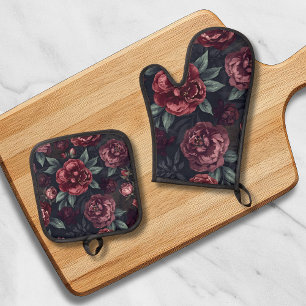 Moody Florals Watercolor Dark Red Pattern Oven Mitt & Pot Holder Set