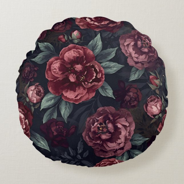 Moody Florals Watercolor Dark Red Pattern Round Pillow (Front)