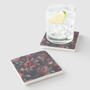 Moody Florals Watercolor Dark Red Pattern Stone Coaster
