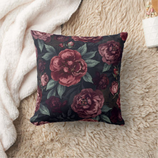 Moody Florals Watercolor Dark Red Pattern Throw Pillow