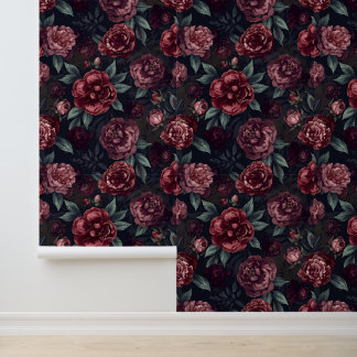 Moody Florals Watercolor Dark Red Pattern Wallpaper