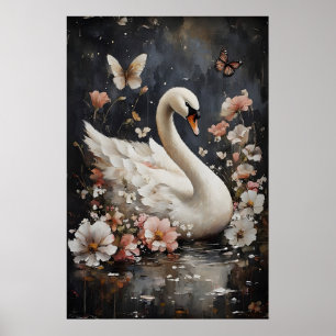 Moody Flower Swan Print, Swan Portrait Wall Print