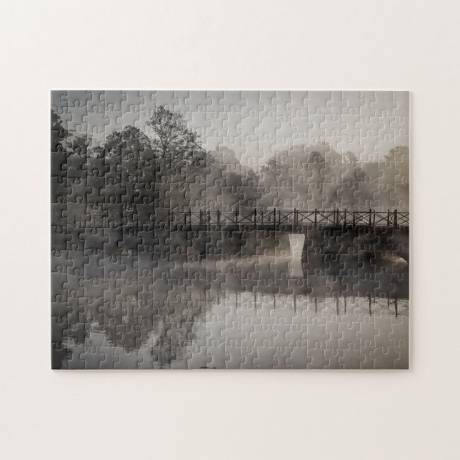 Moody Foggy Black White Bridge over Water Jigsaw Puzzle (Horizontal)