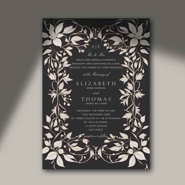 Moody Forest Botanical Monograms Classic Wedding Invitation (moody forest wedding invitation dark romance black white elegant classic formal botanical frame)