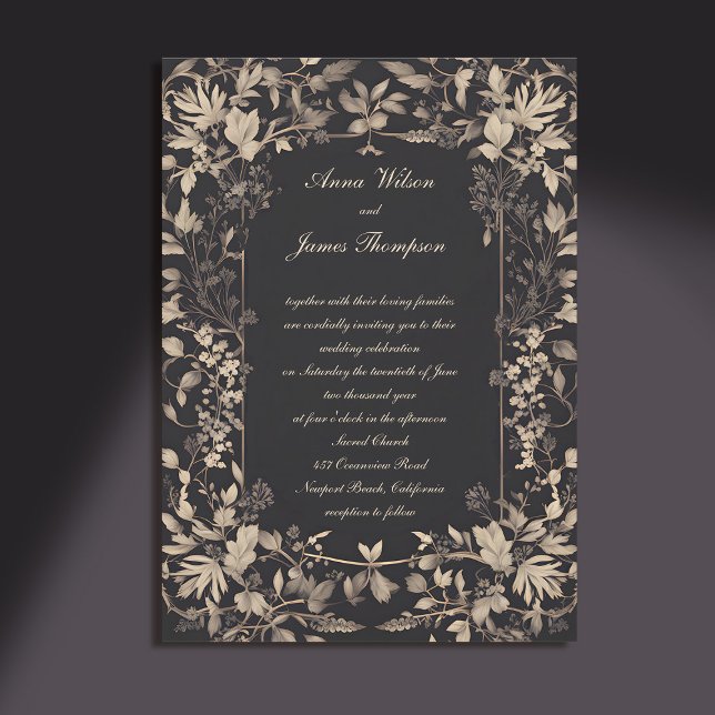 Moody Forest Greenery Frame Dark Classic Wedding Invitation (moody forest wedding invitation botanical frame dark gold elegant classic traditional calligraphy)