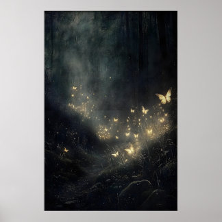 Moody forest with fireflies and butterflies print