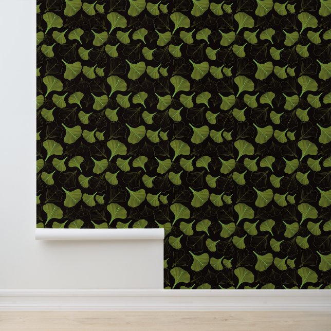 Moody Gingko Black Floral Pattern Wallpaper (Application)