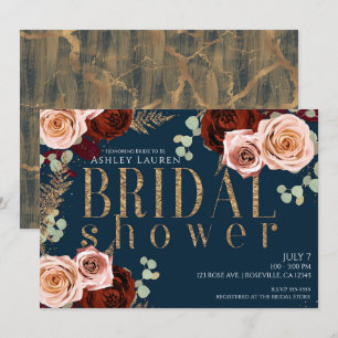 Moody Glam Dark Blue Gold Pink Roses Bridal Shower Invitation