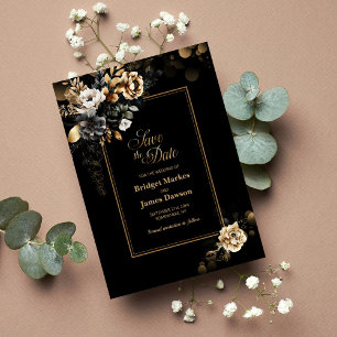 Moody Gold Floral Black Wedding Save The Date