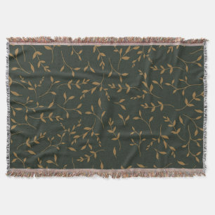 Moody Gold Leaf Forest Green Pattern Throw Blanket