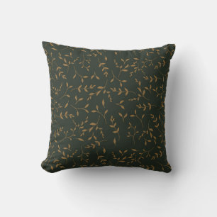 Moody Gold Leaf Forest Green Pattern Throw Pillow
