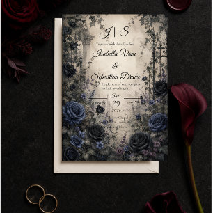 Moody Gothic Blue Rose Wedding Invitation