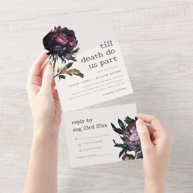 Moody Gothic Dark Purple Black Peony Wedding All In One Invitation (Tearaway)