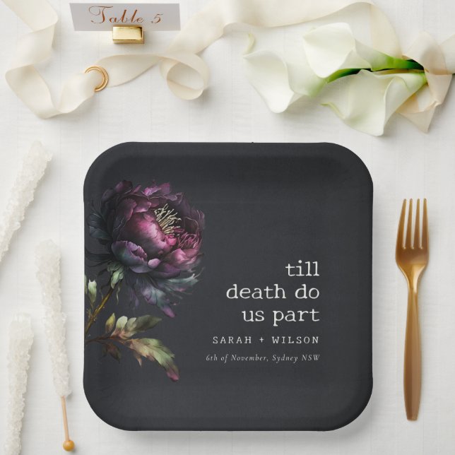 Moody Gothic Dark Purple Black Peony Wedding Paper Plate (Wedding)