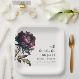 Moody Gothic Dark Purple Black Peony Wedding Paper Plate