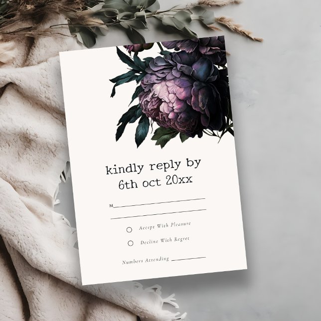 Moody Gothic Dark Purple Black Peony Wedding RSVP Card (Creator Uploaded)