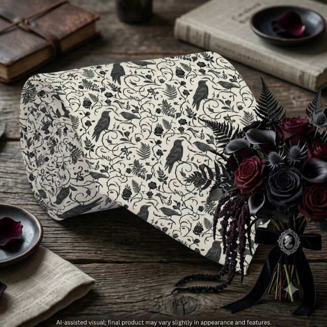 Moody Gothic Deep Black Ivory Raven Tie (Raven print necktie and dark floral bouquet for the alternative groom's gothic wedding.)