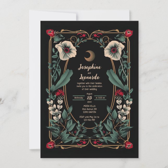 Moody Gothic Floral with Crescent Moon 2 Invitation (Front)