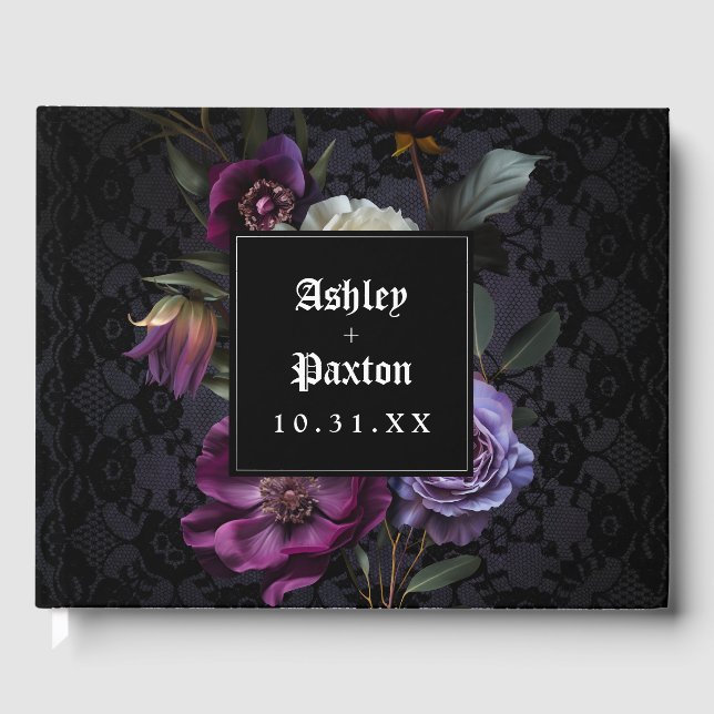 Moody Gothic Purple Floral Bouquet on Black Lace Guest Book (Front)