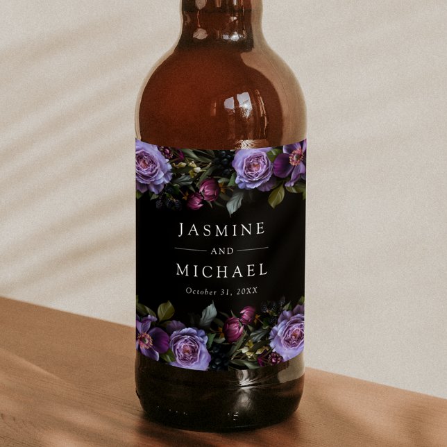 Moody Gothic Purple Floral Wedding Beer Bottle Label (Creator Uploaded)
