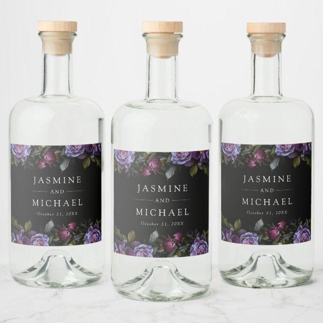 Moody Gothic Purple Floral Wedding Liquor Bottle Label (Bottles)