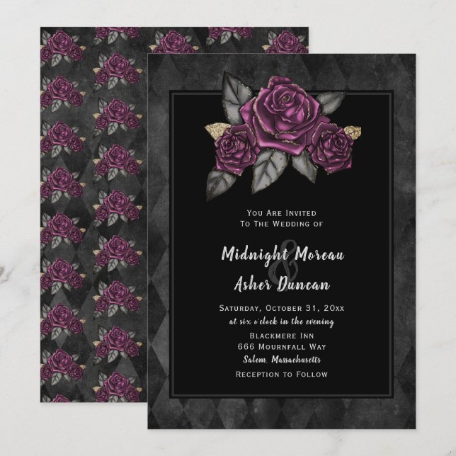 Moody Gothic Rose noir Faire-part de mariage (Devant / Derrière)