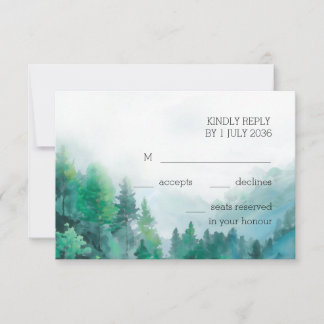 Moody Green and White Watercolor Forest Wedding  RSVP Card