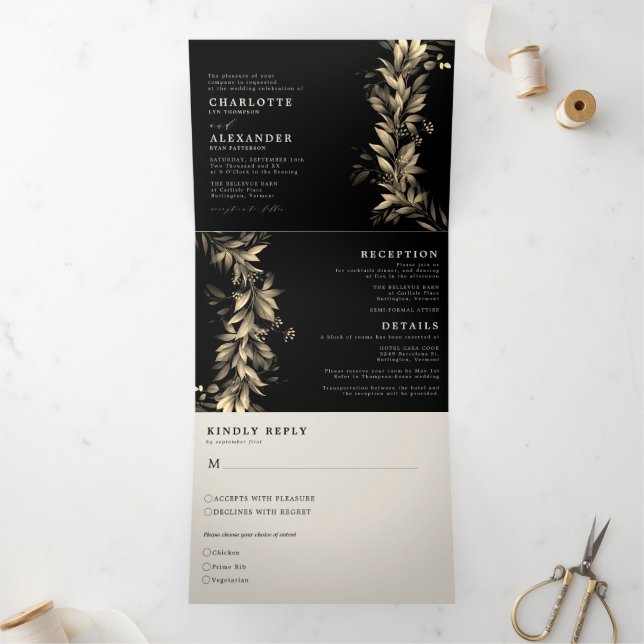 Moody Greenery Black Beige  All in one Wedding Tri-Fold Invitation (Inside)