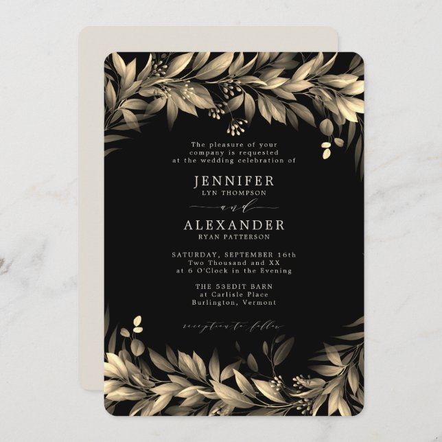 Moody Greenery Black & Beige Wedding Invitation (Front/Back)