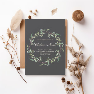Moody Greenery Wreath Wedding Invitation