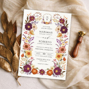 Moody Handpainted Florals Wedding Monogram Crest Invitation