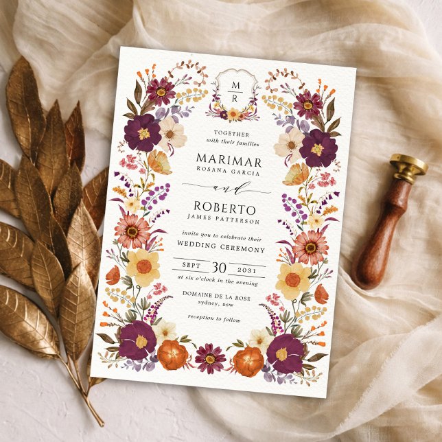 Moody Handpainted Florals Wedding Monogram Crest Invitation (Creator Uploaded)