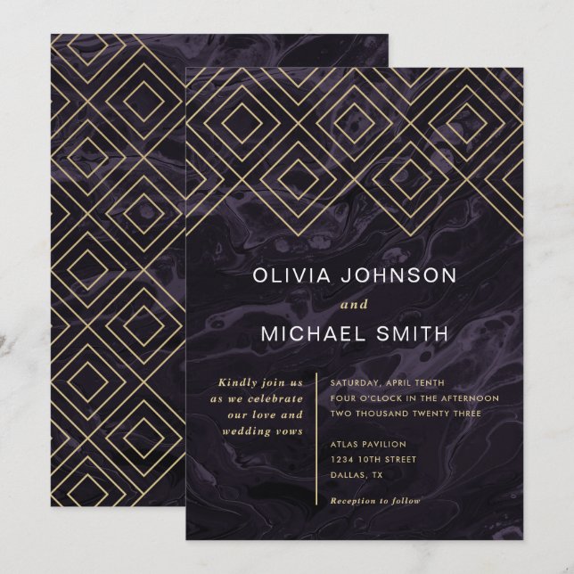 Moody Hues Amethyst Purple Marble Wedding Invitation (Front/Back)