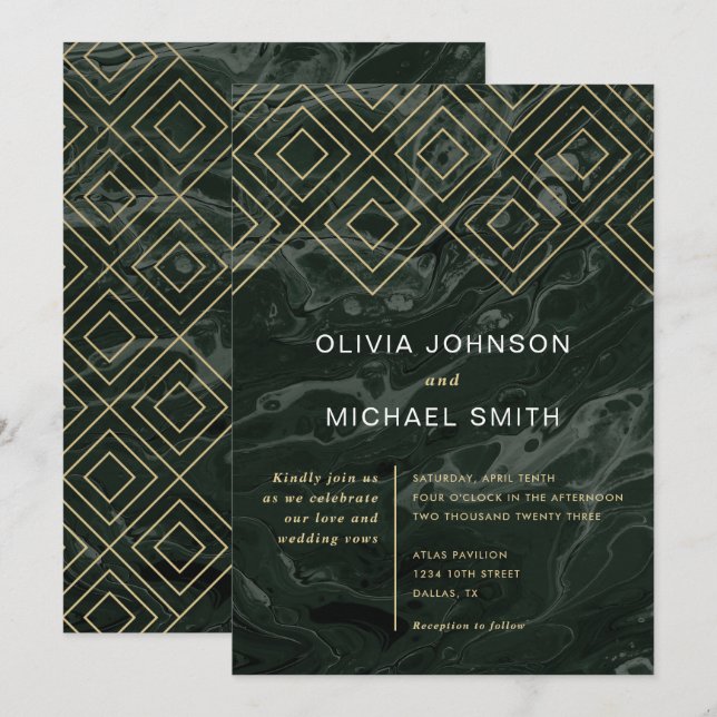 Moody Hues Emerald Green Marble Wedding Invitation (Front/Back)