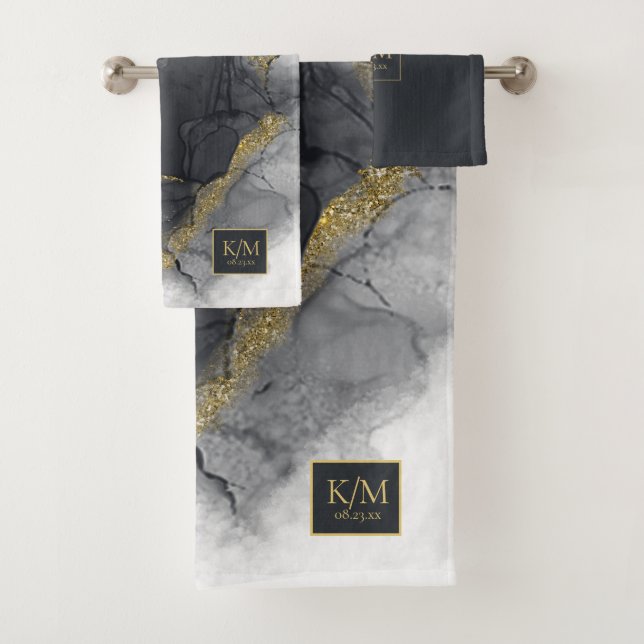 Moody Ink Charcoal Gold Abstract ID988 Bath Towel Set (Insitu)