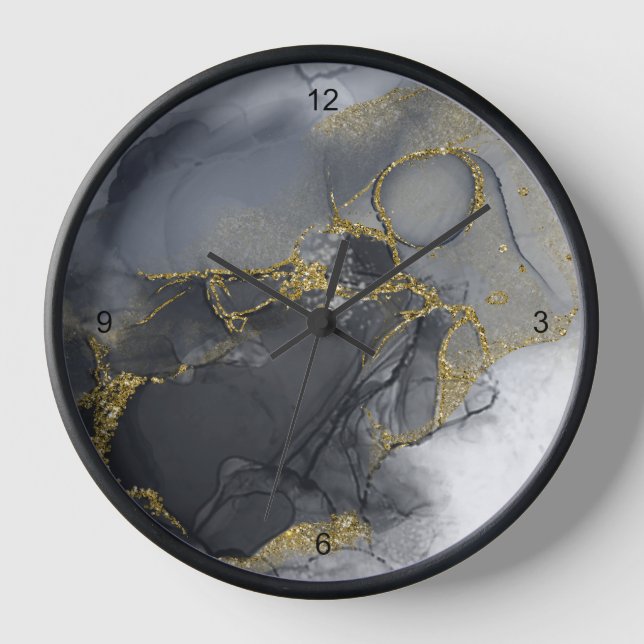 Moody Ink Charcoal Gold Abstract ID988 Clock (Front)