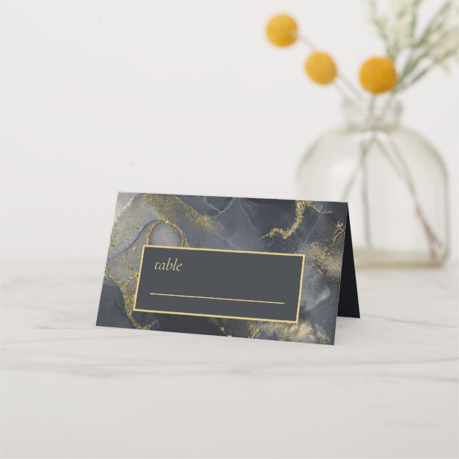 Moody Ink Charcoal Gold Abstract ID988 Place Card (Front)