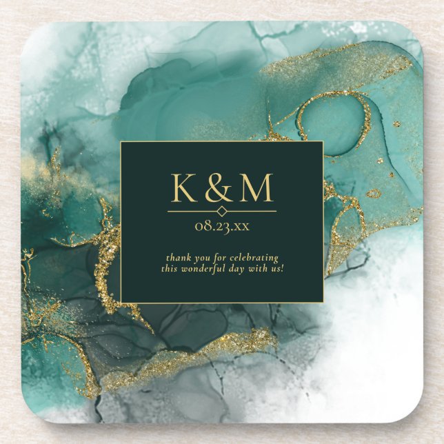 Moody Ink Emerald Gold Abstract ID988 Coaster (Front)