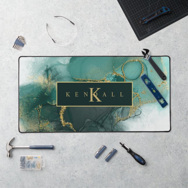Moody Ink Emerald Gold Abstract ID988 Desk Mat (Workstation)