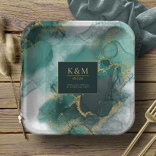 Moody Ink Emerald Gold Abstract Lt ID988 Paper Plate