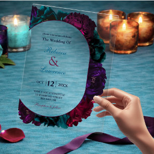 Moody Jewel Tone Floral Acrylic Wedding Invitations