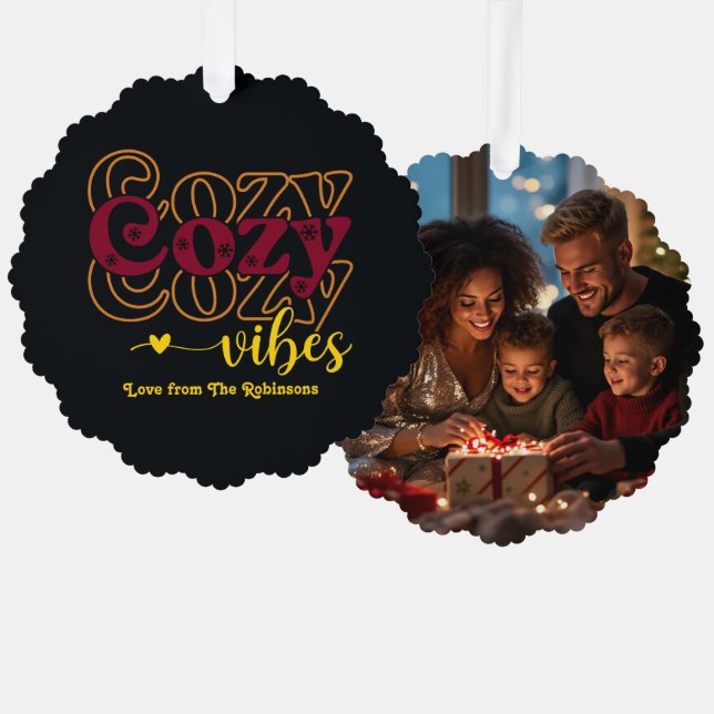 Moody Luxe Cozy Vibes Retro Christmas Photo Ornament Card (Front/Back)