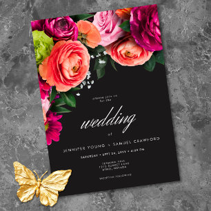 Moody Luxe Floral Vibrant Pink Black Wedding Invitation