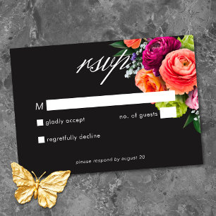 Moody Luxe Floral Vibrant Pink Black Wedding RSVP Card