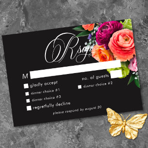 Moody Luxe Floral Vibrant Pink Black Wedding RSVP Card