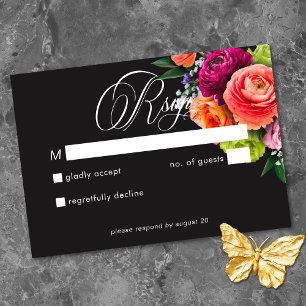 Moody Luxe Floral Vibrant Pink Black Wedding RSVP Card