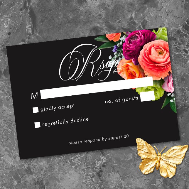 Moody Luxe Floral Vibrant Pink Black Wedding RSVP Card (Moody Luxe Floral Vibrant Pink Black Wedding RSVP Card)