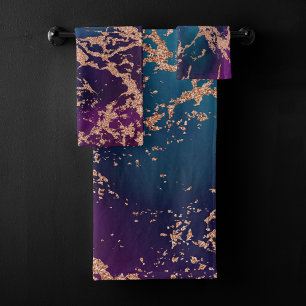 Moody Luxe Marble   Deep Purple and Teal Rose Gold Bath Towel Set