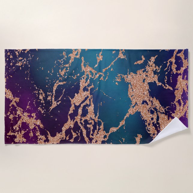 Moody Luxe Marble | Deep Purple and Teal Rose Gold Beach Towel (Front)