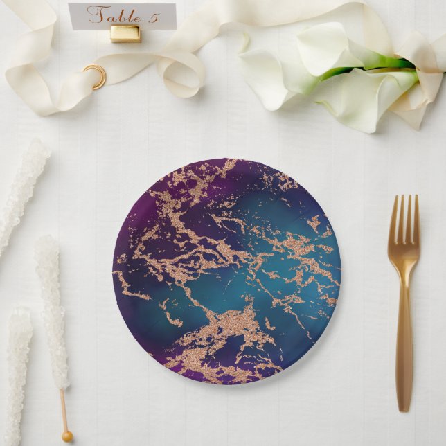 Moody Luxe Marble | Deep Purple and Teal Rose Gold Paper Plate (Wedding)